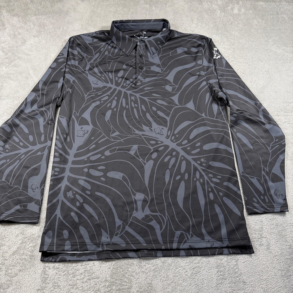 Oahu‎ Golf Apparel OGA Polo Shirt Mens Large Gray Monstera Long Sleeve UPF 50+